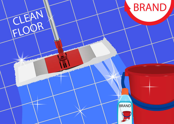 Mop cleaning clean blue tile floor shiny. Disinfectant cleaner for washing floors and bucket. Vector - Vector, Image