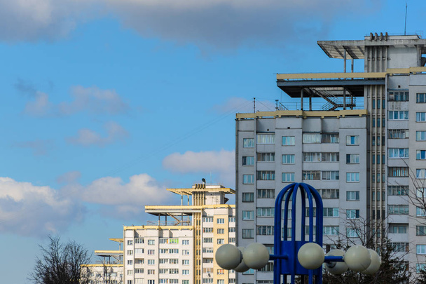 Minsk, Belarus - April 18, 2017: Elements of Residential Buildings of Architectural Ensemble of District East. Independence Avenue. - 写真・画像