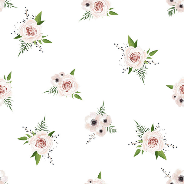 nahtloses Muster mit Blumen und Blättern auf weißem Hintergrund - Vektor, Bild