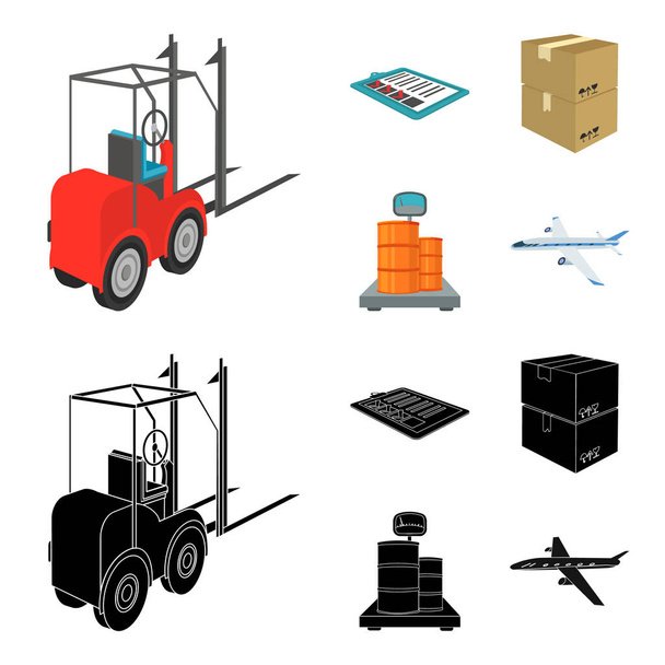 Forklift, delivery slips, packaged goods, cargo on weighing scales. Logistics and delivery set collection icons in cartoon,black style isometric vector symbol stock illustration web. - Vector, Image