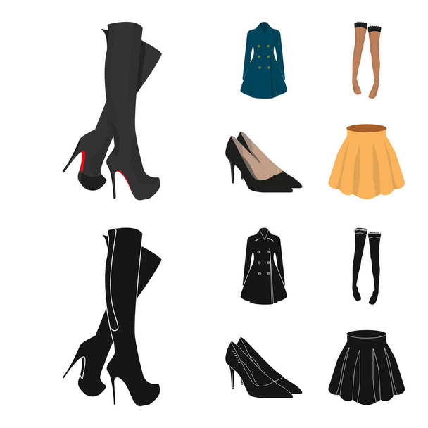 Womens high boots, coats on buttons, stockings with a rubber band with a pattern, high-heeled shoes. Womens clothing set collection icons in cartoon,black style vector symbol stock illustration web. - Вектор, зображення