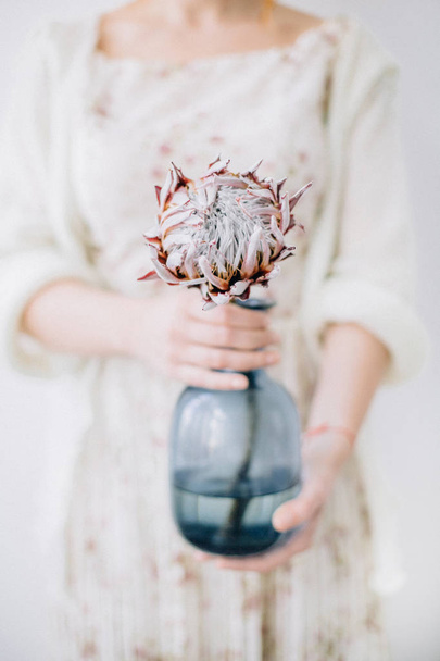Young woman with protea flower in blue vase. - Foto, imagen