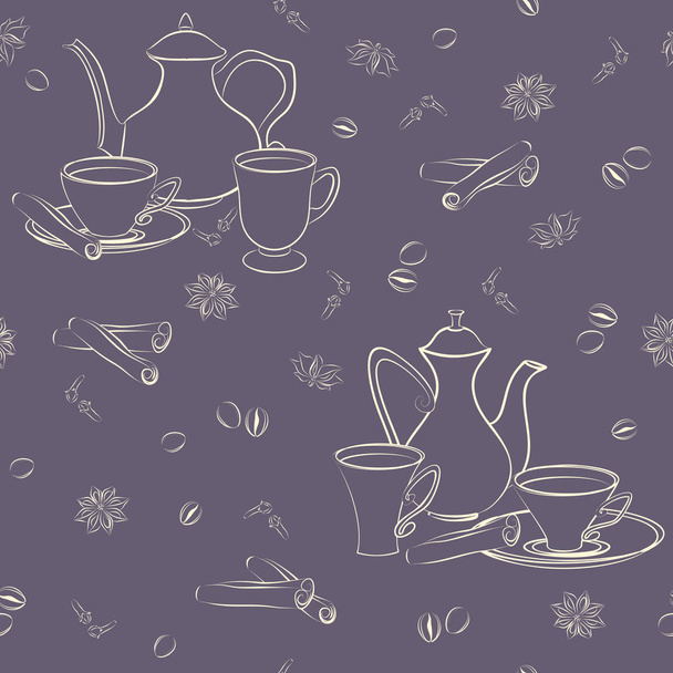 Seamless pattern with coffee pot, cups, cinnamon, coffee beans, anise and cloves. - Vector, Image