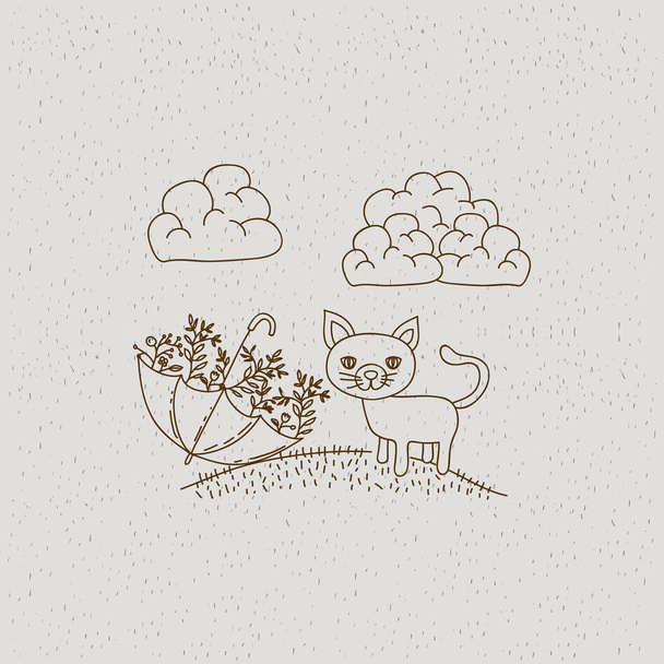 mão monocromática desenhada paisagem de gato na colina e guarda-chuva com plantas
 - Vetor, Imagem