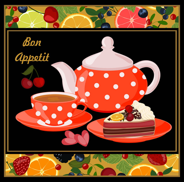 Wasserkocher, Tasse mit Tee, Kuchen, Obst und Beeren. Hintergrund mit Teekanne und Tasse im Rahmen mit Beeren und Früchten. - Vektor, Bild