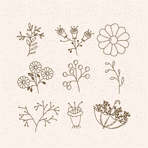 монохромная графика с набором растений цветы и ветви
 - Вектор,изображение