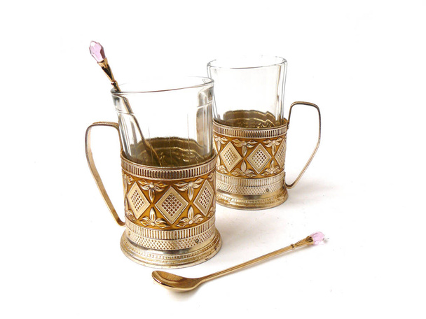 Tea cup glass holder, metal glass holder, granyonyi stakan, vintage glass holder. Headstock stock image - Photo, Image