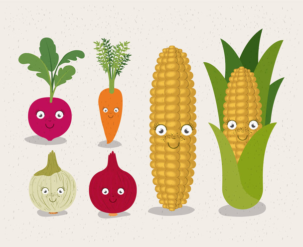 színes számú animált zöldség cékla vöröshagyma sárgarépa és kukorica fehér háttér - Vektor, kép