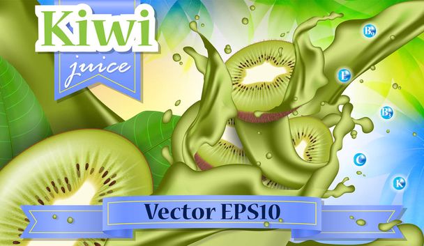 Anuncios vectoriales 3d banner de promoción, kiwi realista fruta salpicaduras w
 - Vector, imagen