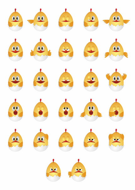 Állítsa be a különböző érzelmek mosolyog, sárga karikatúra csirkék - Vektor, kép