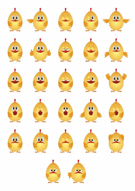 Ορίστε διαφορετικό συναισθήματα χαμόγελα, κίτρινα καρτούν κοτόπουλα - Διάνυσμα, εικόνα