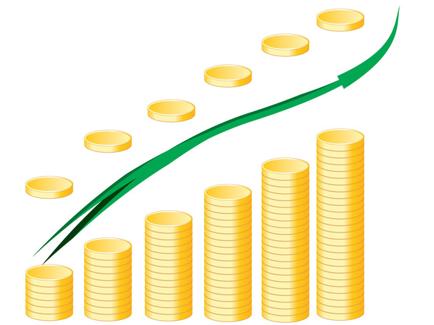 Gold coins graph and arrow - Vector, Image