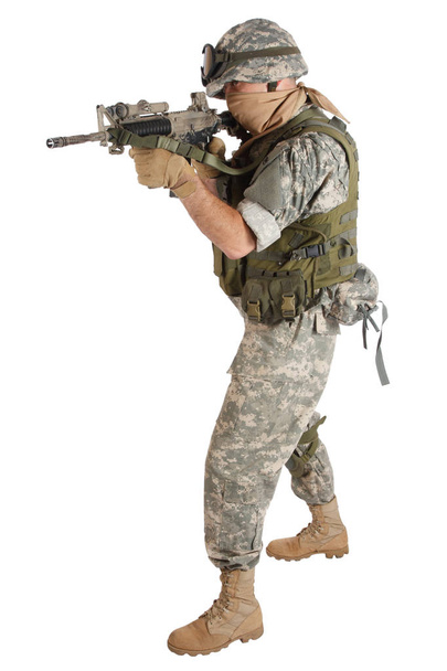 US ARMY soldier with assault rifle on white background - 写真・画像