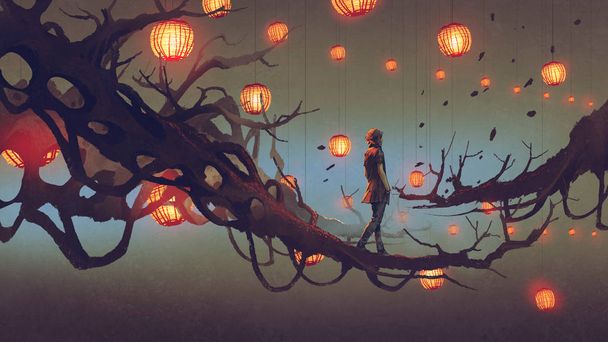 hombre caminando sobre una rama de árbol con muchas linternas rojas en el fondo, estilo de arte digital, pintura de ilustración
 - Foto, Imagen