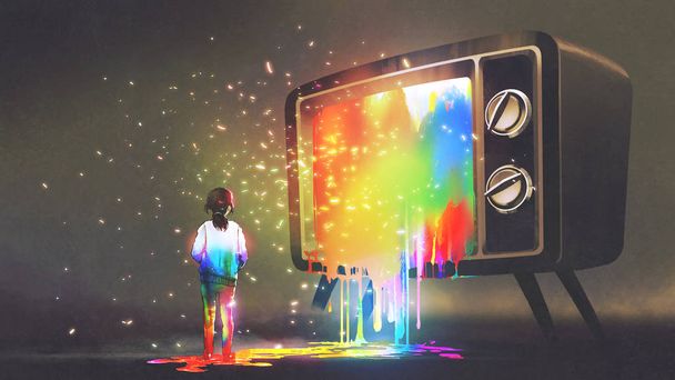 ragazza pasticciata con la luce colorata dal grande televisore, gocce di vernice arcobaleno dalla TV retrò, stile arte digitale, pittura illustrazione
 - Foto, immagini
