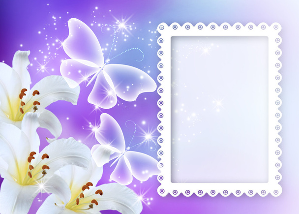 Lilies blossom with butterflies and photo frame - Zdjęcie, obraz
