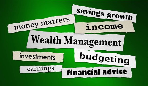 Words wealth management on newspaper headlines on green background - Photo, Image