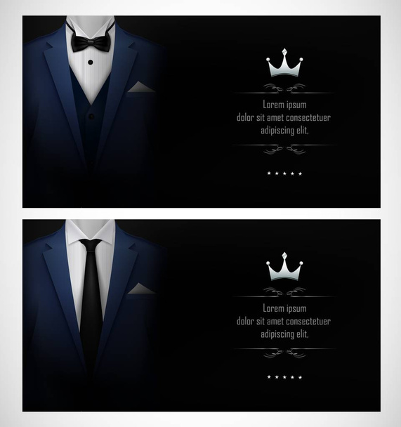 Векторная иллюстрация Набора шаблонов визитных карточек синего смокинга с мужскими костюмами и черным галстуком
 - Вектор,изображение