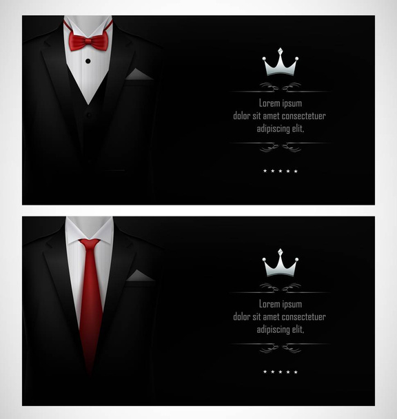 Векторная иллюстрация Набора шаблонов черных смокингов с мужскими костюмами и красным галстуком
 - Вектор,изображение