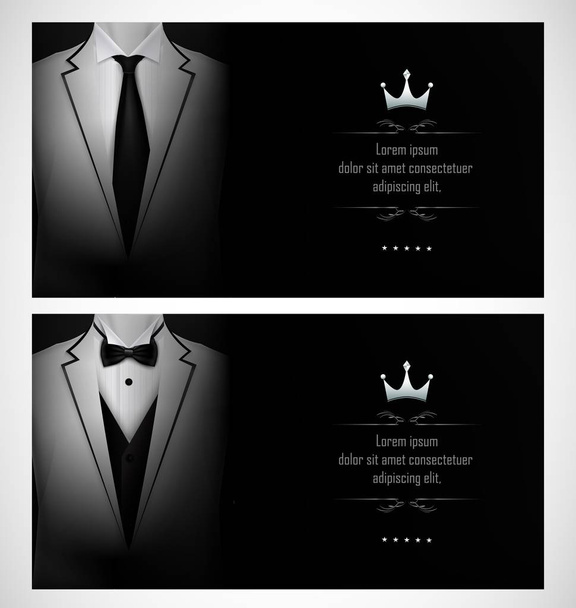 Vektor-Illustration einer Reihe von weißen Smoking-Visitenkartenvorlagen mit Herrenanzügen und schwarzer Krawatte - Vektor, Bild
