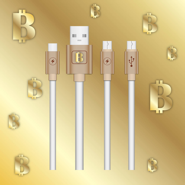 vector image computer cables on a background of golden gradient with a sign of bitcoins crypto currency - Vector, Image