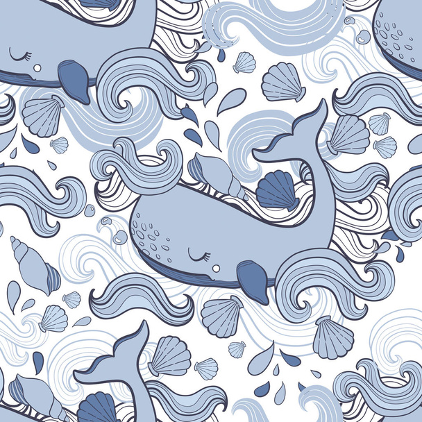Lindo patrón de ballena vector de dibujos animados. Dibujar a mano ilustración
. - Vector, imagen