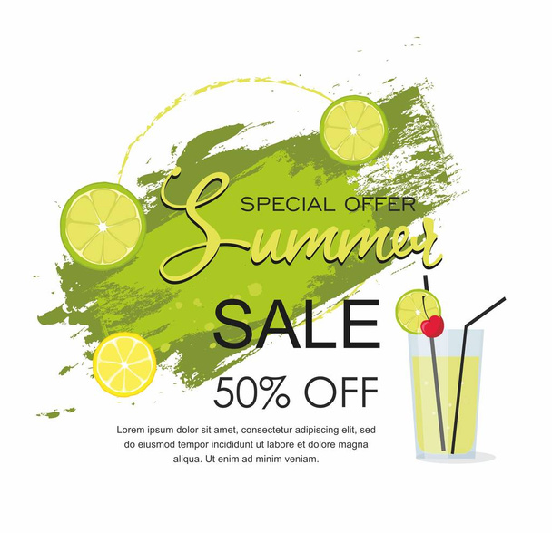 Summer Sale Grunge brush green paint texture with cocktail and lime - Vetor, Imagem