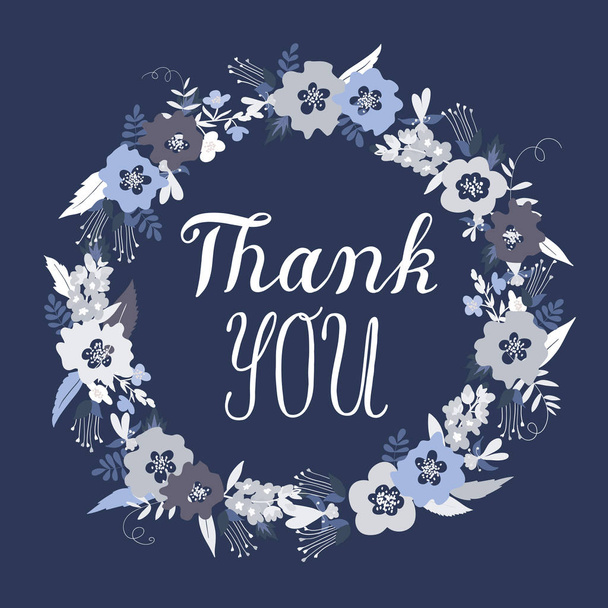 Thank You greeting card with floral wreath and lettering, floral frame on dark blue background - Вектор,изображение