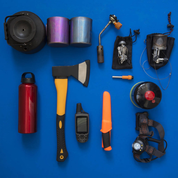 Set of gear for hiking, adventure and survival in wilderness  - Foto, Imagen