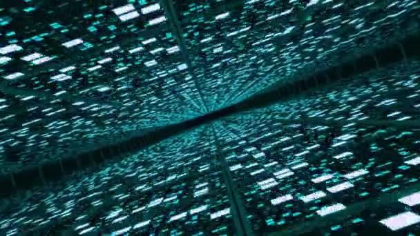abstrakter futuristischer Hintergrund perspektivischer Oberflächen mit blauen, zufällig leuchtenden Fliesen. Bewegung durch Korridor. 3D-Darstellung - Filmmaterial, Video