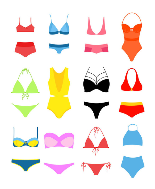Vector illustration set of women s bikini for swimming. Fashion collection of trend modern colorful bright swimsuits in flat style. - ベクター画像