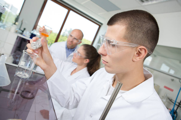 Χημικοί φοιτητές σπουδάζουν μοριακό μοντέλο σε χημικό εργαστήριο - Φωτογραφία, εικόνα