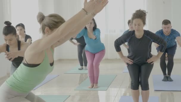 Fuerte atractiva joven instructora de yoga que enseña a las mujeres de mediana edad una nueva pose mientras corrige sus posturas corporales
 - Metraje, vídeo