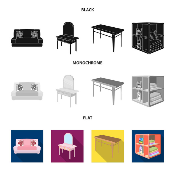 Měkká pohovka, WC make-up stůl, jídelní stůl, regály pro praní a prací prostředek. Nábytek a interiér sada kolekce ikon v černé, plochý, monochromatický stylu izometrické vektor symbol akcie - Vektor, obrázek