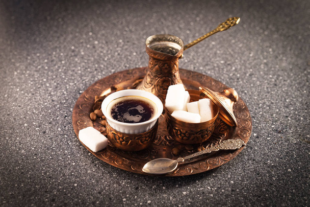 Turkish coffee on metal tray served with loaf-sugar  - Zdjęcie, obraz