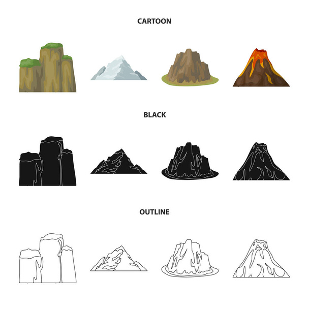 Sheer cliffs, a volcanic eruption, a mountain with a beach, a glacier. Different mountains set collection icons in cartoon,black,outline style vector symbol stock illustration web. - Vecteur, image