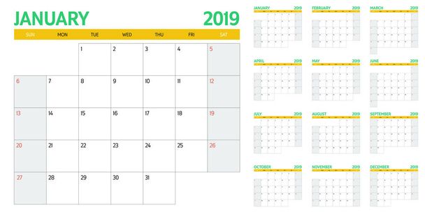 Планувальник календаря 2019 шаблон Векторні ілюстрації всі 12 місяців тижня починаються в неділю і вказують вихідні в суботу і неділю
 - Вектор, зображення