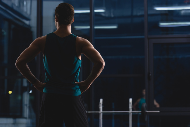 вид ззаду силует м'язового спортсмена, що стоїть у спортивному центрі
 - Фото, зображення