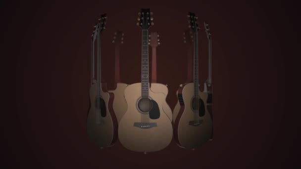 Vliegen Guitars - Classic, Folk, Bard, Rock muziekinstrument. Realistische 3D-animaties op rode achtergrond. Gitaar animatie - Video