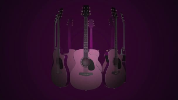 Latające gitary - klasyczna, Folk, Bard, skale instrumentów muzycznych. Realistyczne 3d animacji na fioletowym tle. Animacja gitara - Materiał filmowy, wideo