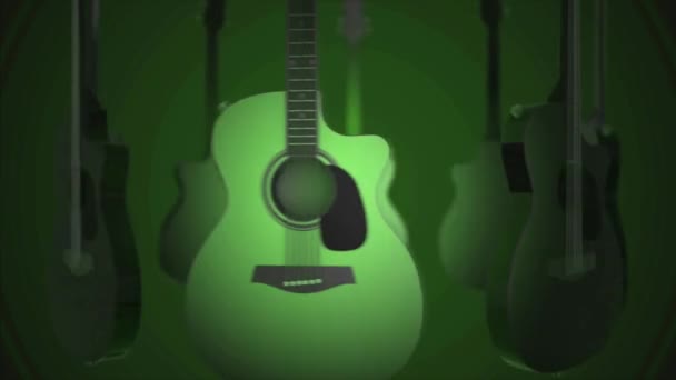 Gitar - klasik, halk, Bard, Rock müzik enstrümanı uçan. Yeşil arka plan üzerinde gerçekçi 3d animasyon. Gitar animasyon - Video, Çekim