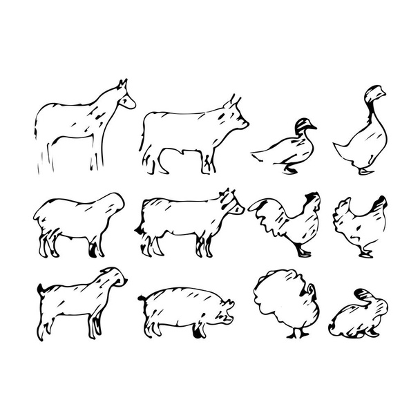 set boerderij dieren vector illustratie schets hand getekend met zwarte lijnen geïsoleerd op witte achtergrond - Vector, afbeelding