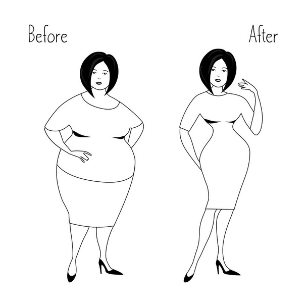 Mollige vrouw en dezelfde vrouw na het verliezen van gewicht. Vectorillustratie in witte en zwarte kleuren. - Vector, afbeelding