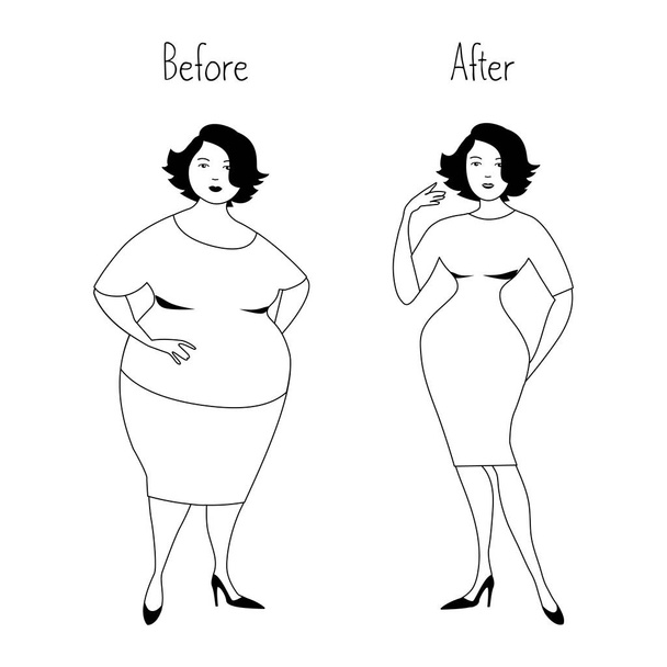 Mujer regordeta antes y después de perder peso. Concepto de estilo de vida saludable. Ilustración vectorial en blanco y negro
. - Vector, imagen