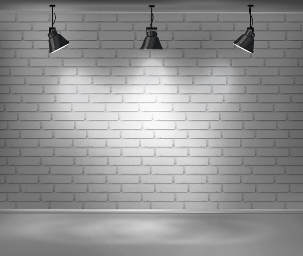 Leere Ziegelmauer. Der leere Raum wird von drei Lampen beleuchtet. Hintergrund für Werbung in Innenräumen. Aktienvektorabbildung. - Vektor, Bild