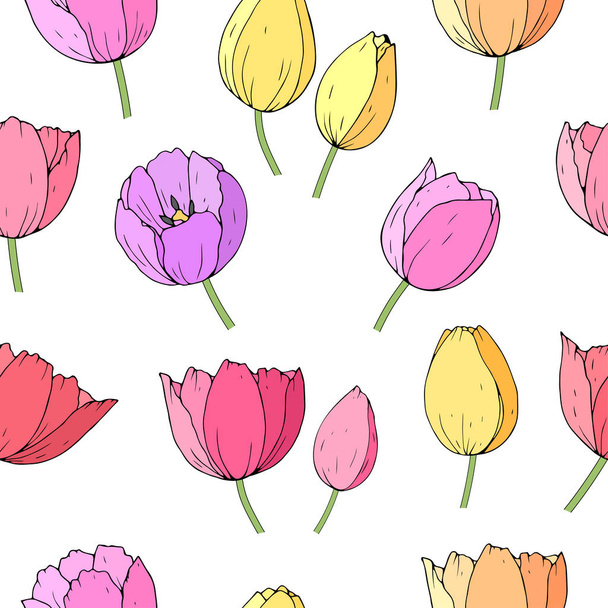 Seamless pattern with different tulips. Colorful spring flower background for season design - Вектор, зображення