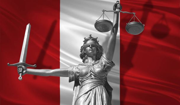 Terjed ki a törvény. Az igazságszolgáltatás Themis zászlót Peru háttérrel Isten szobra. Eredeti szobor az igazságszolgáltatás. Mária, skála, Peru zászló, 3d rendering igazságszolgáltatás jelképe. - Fotó, kép