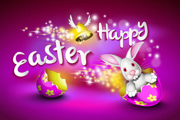 Ευτυχισμένο Πάσχα ευχετήρια κάρτα, ένα αστείο κουνέλι οδήγηση ένα κέλυφος αυγού - Διάνυσμα, εικόνα