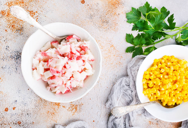 sweet corn and crab sticks, ingredients for salad close-up view  - Zdjęcie, obraz