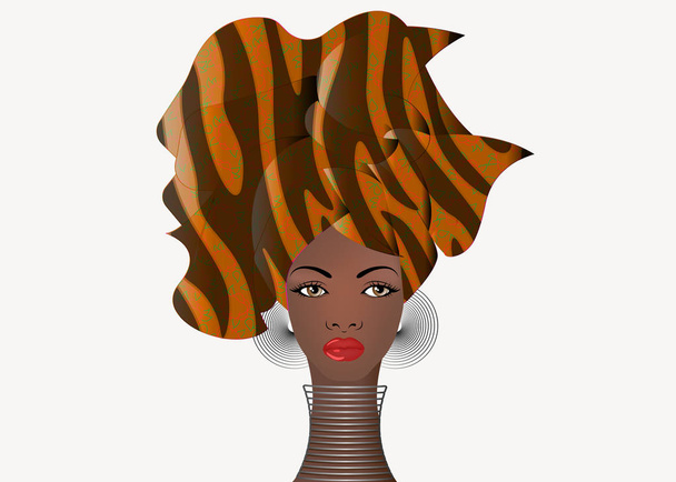 πορτρέτο της η νεαρή αφρικανική γυναίκα σε ένα πολύχρωμο τουρμπάνι. Τυλίξτε Αφρο μόδα, Άγκυρα, ΚΕΝΤΕ, kitenge, φορέματα των γυναικών της Αφρικής με έθνικ κοσμήματα. Στυλ Νιγηρίας, Γκάνα μόδας. Απομονωθεί για εκτύπωση, αφίσα, μπλουζάκι, κάρτα διάνυσμα - Διάνυσμα, εικόνα